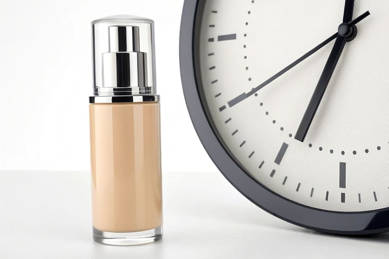 A long-lasting foundation bottle next to a clock showing all-day wear