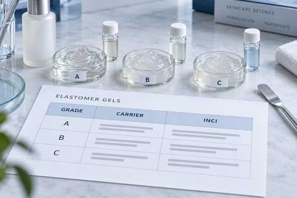 grade, carrier, and INCI comparison for elastomer gels